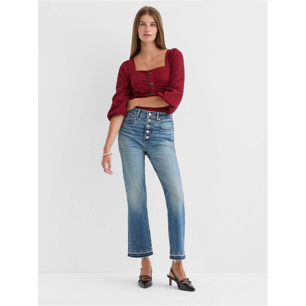 LOFT Raw Hem Button Front High Rise Kick Crop Jeans 26 | 2 Light Wash Boho Flare